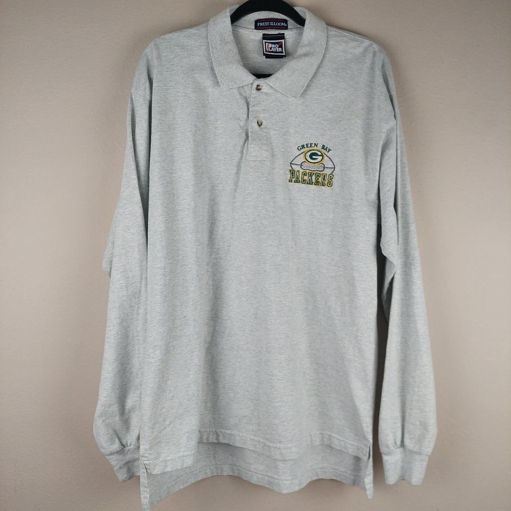 Vintage Packers Pro Player Polo XL USA Gray Long Sleeve NFL Logo Fruit Loom